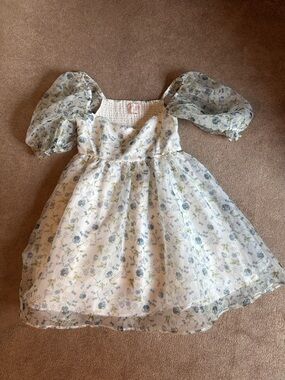 Audrey Park Floral Smocked dress in White with Blue Accents